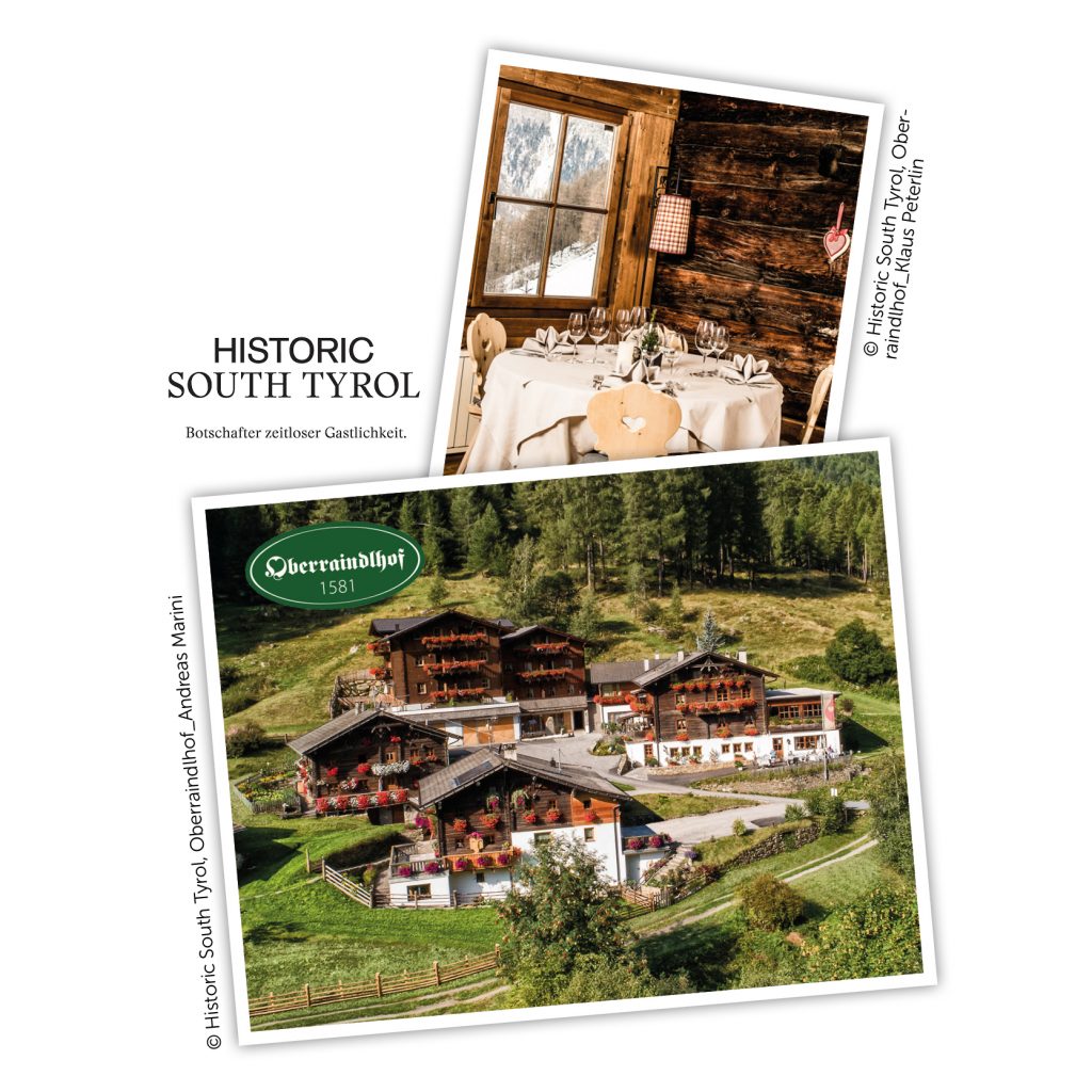 Oberraindlhof in Südtirol Außenansicht historische Fassade in Berghügeln und uriger Gastraum mit alten Holztischen und Stühlen