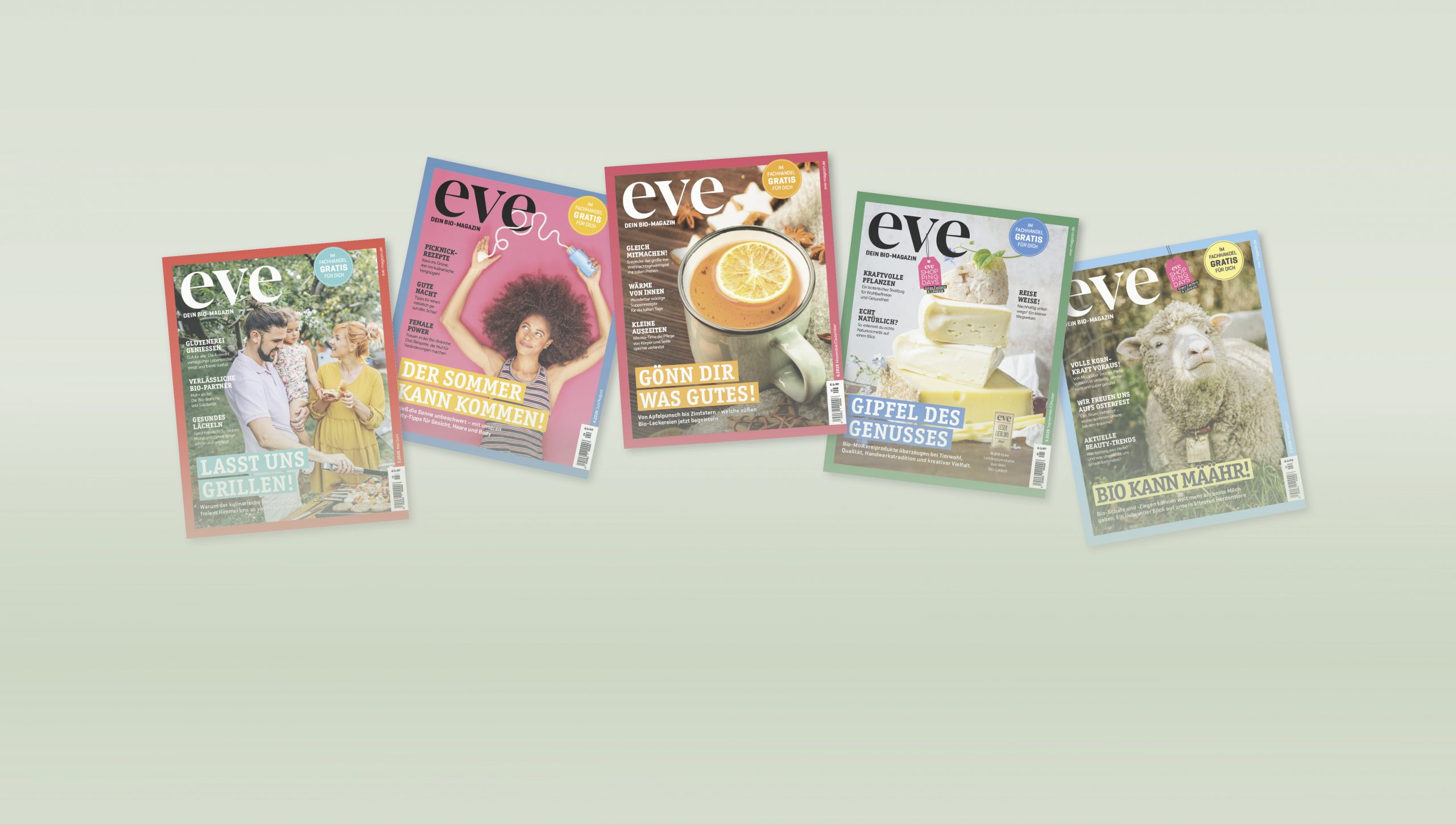 5 Titelseiten des Bio-Magazins eve auf hellgrünem Hintergrund